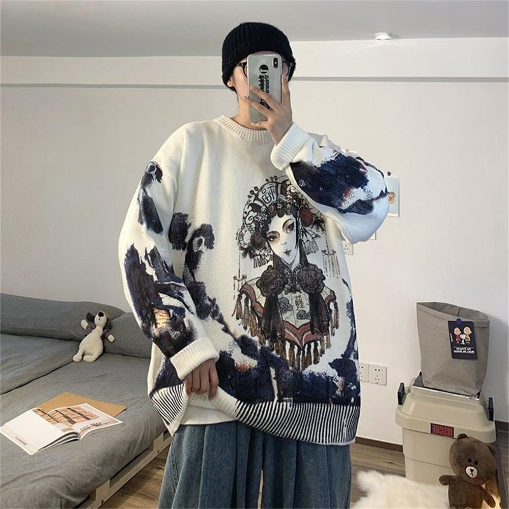 Peking Opera Rajutan Sweter Jumper Api Streetwear Kardigan Lengan Panjang Baju Rajut Musim Semi Musi