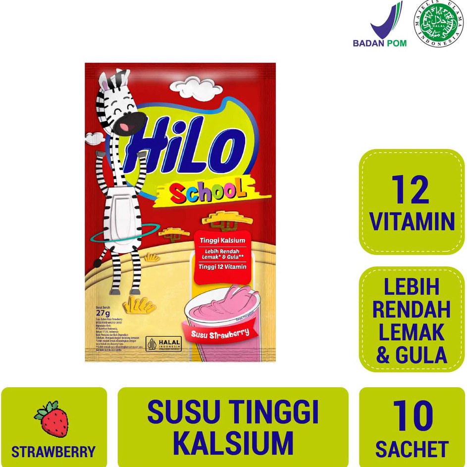 

✓ HiLo School Susu Strawberry 10 Sachet - Susu Tinggi Kalsium Lebih Rendah Gula