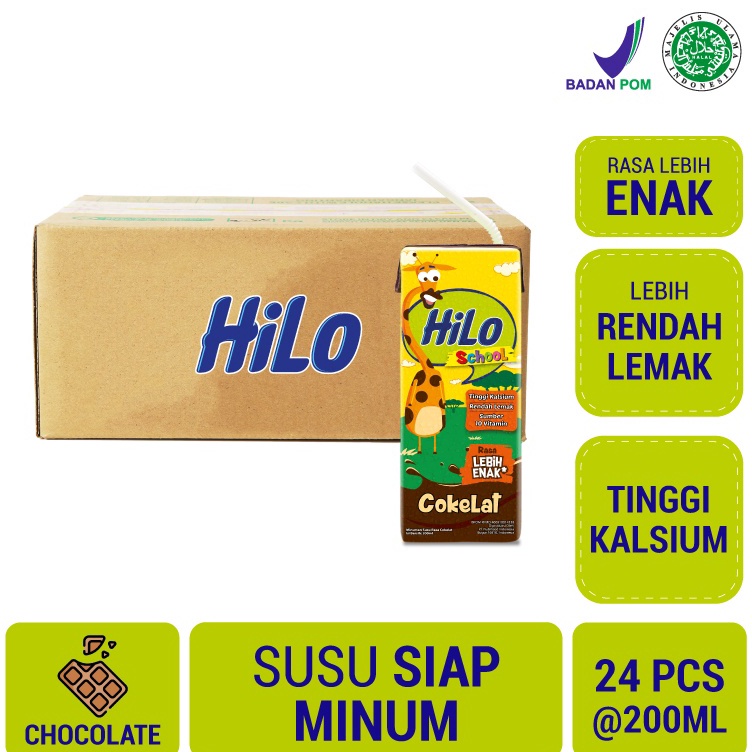 

>XC26619< 1 Karton - HiLo School UHT Chocolate Ready To Drink RTD 200 ml (24 pcs) - Susu Tinggi Kalsium Rendah Lemak