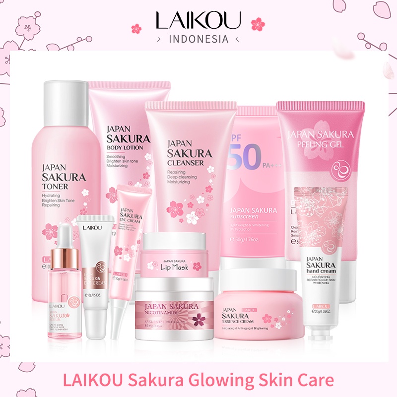 Sakura ✤LAIKOU Serum Sakura Pembersih Pemutih Krim Toner Penghilang Kerutan Mata Sunscreen SPF50✫