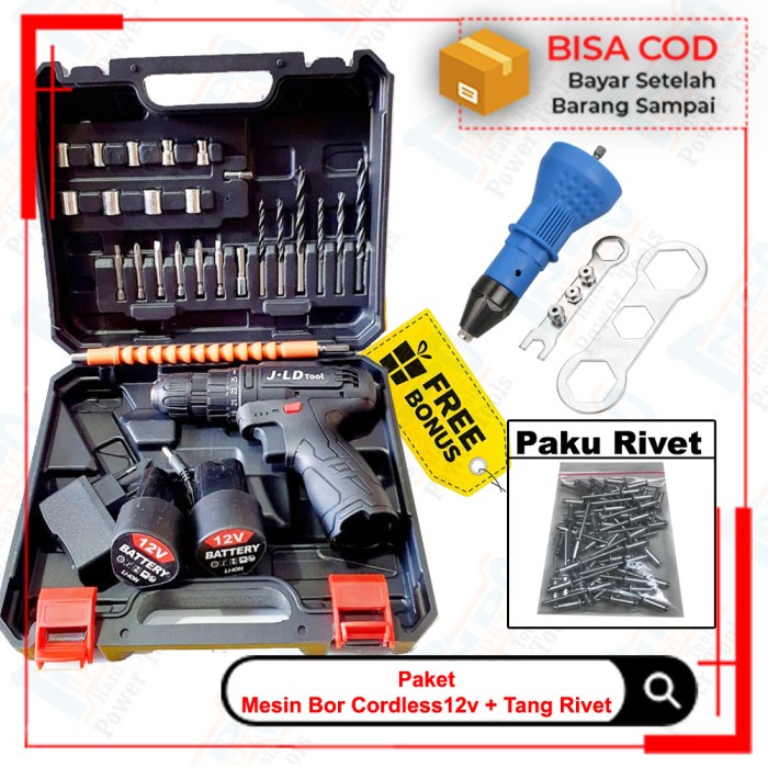 Terlaris Paket Adaptor Tang Paku Rivet Alumunium + Mesin Bor Cordless 12V