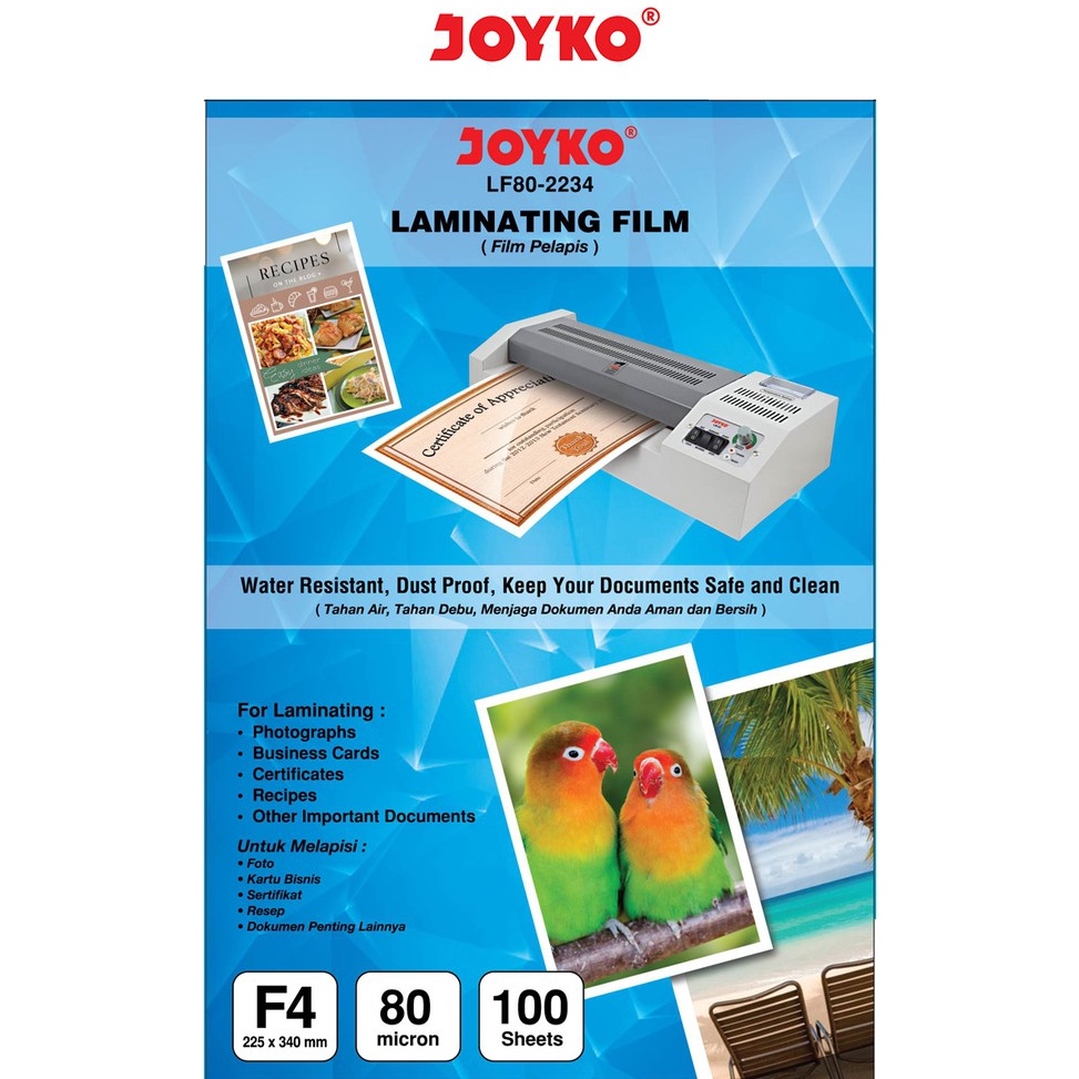 

LANGSUNG ATC.. Laminating Film Plastik Laminating Joyko LF80-2234 F4 100 Sheets 0J9