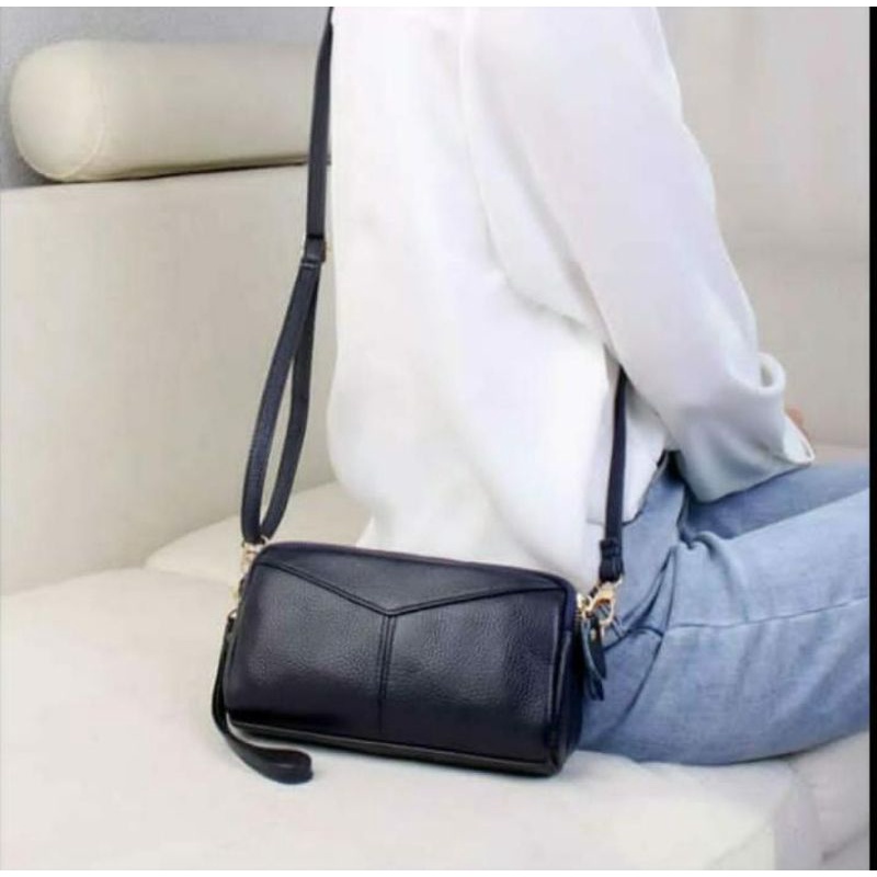 Tas selempang wanita bahan kulit asli garut tas dobel tali