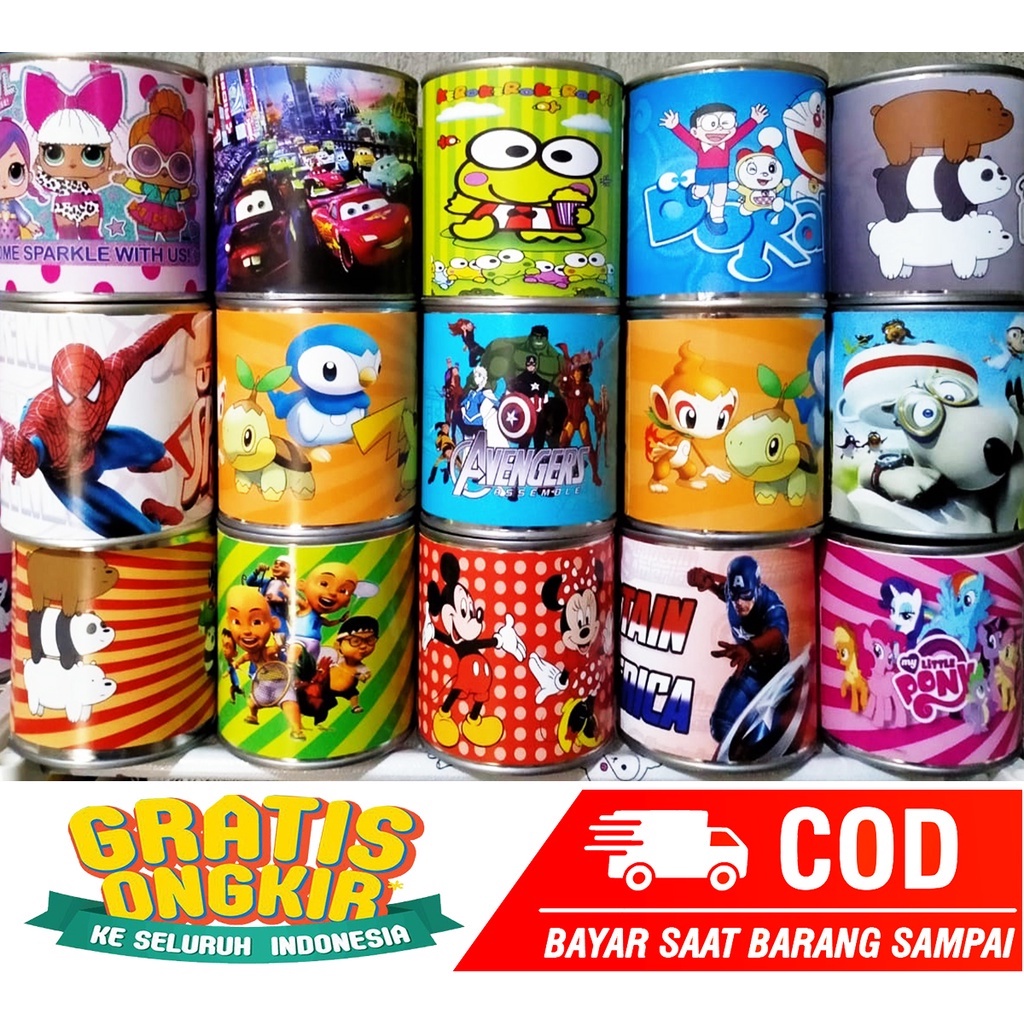 PAKET 3 Pcs / Celengan Mini Karakter Kartun Anak / Full Kaleng / Bisa Buka Tutup Bawah