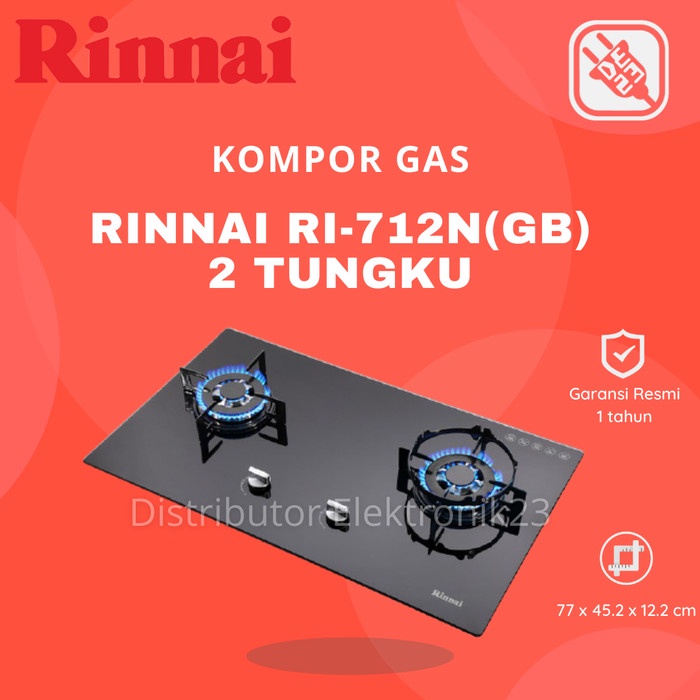 Kompor Gas Tanam Rinnai 2 Tungku / Kompor Kaca Rinnai RB-712N(GB)