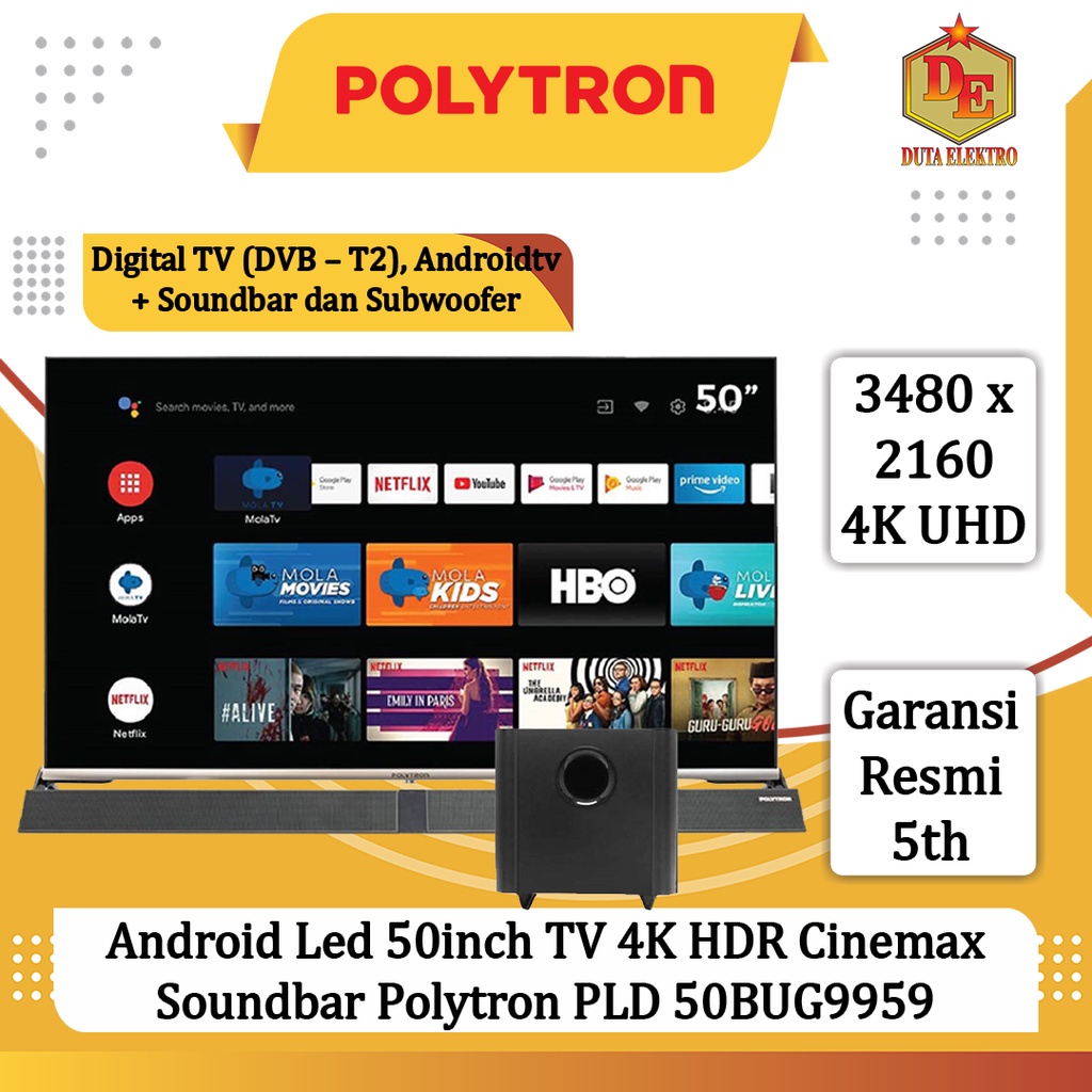 Android Led 50inch TV 4K HDR Cinemax Soundbar Polytron PLD 50BUG9959