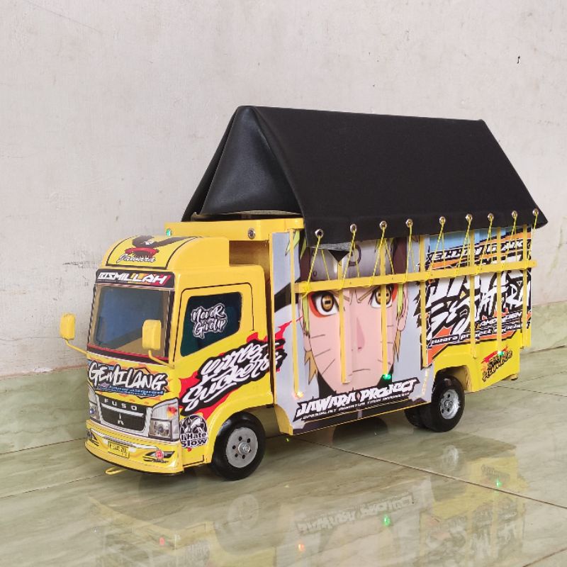 Limited miniatur mobil mainan anak laki truk oleng kayu besar p52cm plus stiker lampu terpal