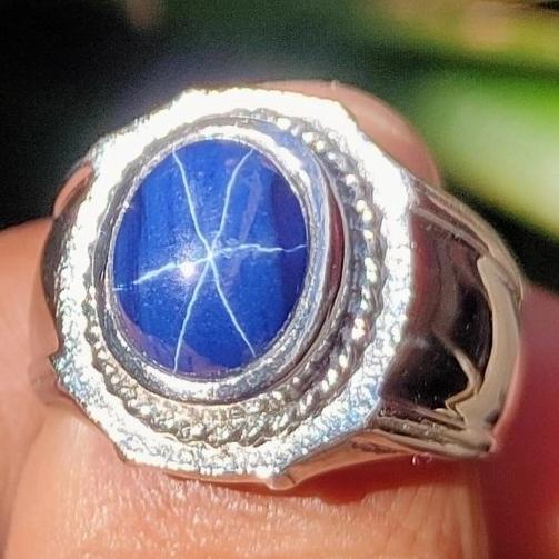 %%%%] Cincin Titanium Batu Akik Permata Blue Safir Sapphire Star Ring Silver