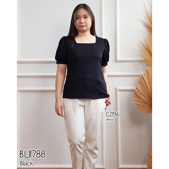 BLUS WANITA polos scuba leher kotak tangan balon BL11788 - BLACK Z3G6 baju blouse wanita high qualit