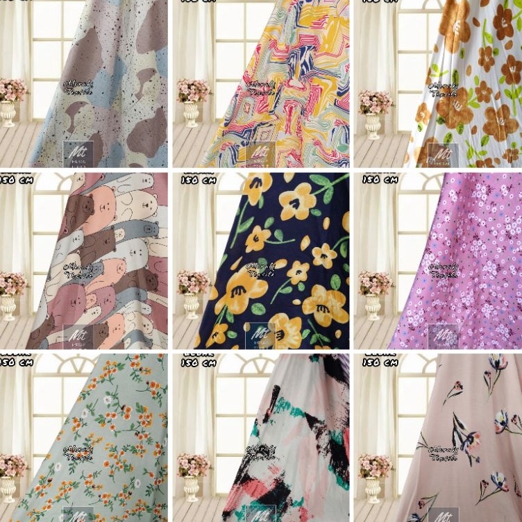 Spesial disini Kain Katun Rayon Motif Anak Bunga Kecil Bunga Besar Abstrak Kotak Meteran