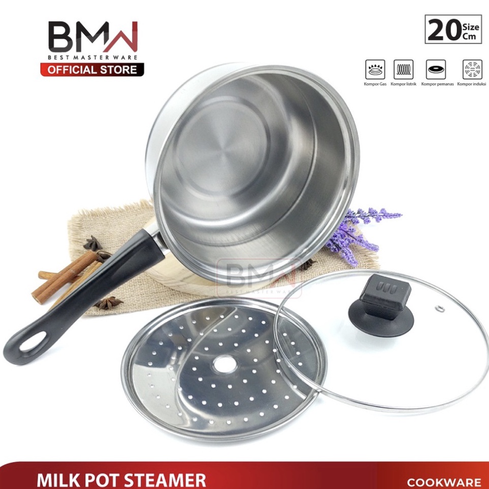 ★★ hC PANCI SUSU 20CM +  Steamer Kukusan 1 Tingkat Stainless Steel - BMW Panci Milk Pot Steamer Panc