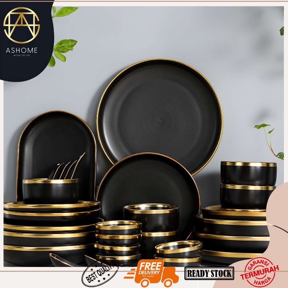 - ASHOME Piring Makan Keramik Black List Gold Motif Eropa  / Piring Hitam Keramik List Gold / Mangku