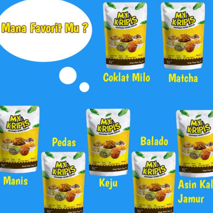 

Ready MY KRIPIS KERIPIK PISANG RASA COKELAT, MATCHA, BALADO, ASIN, MANIS ,PEDAS, KEJU 150gr