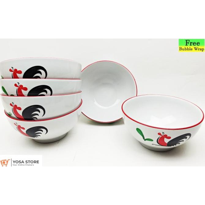 Mangkok Keramik Bakso Motif Ayam Jago 6 Pc Tebal Grade A