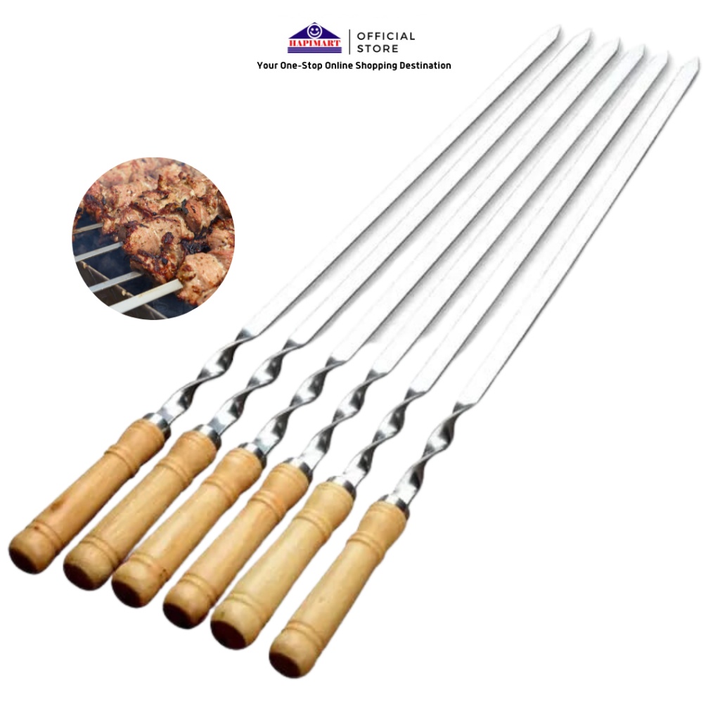 Alat Tusuk Sate/Tusukan Sate BBQ Stainless Steel Gagang Kayu 6PCS 50CM