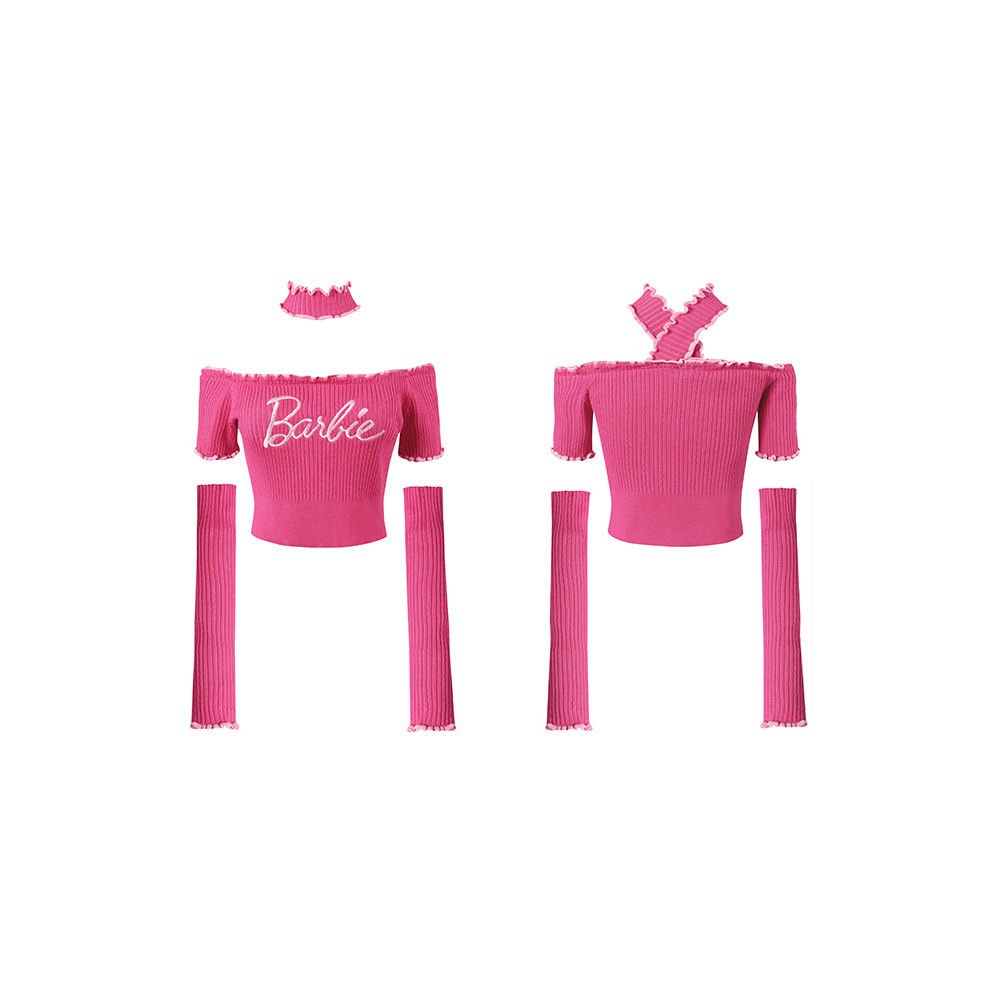 Nico##barbie outfit dewasa/Off Shoulder Sabrina Knit Top/Pink rajut Crop Top+leng00