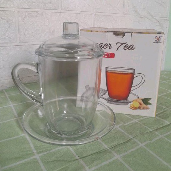 Ginger Tea Mug Gelas Gagang Kaca dengan Tutup dan Tatakan 1Pcs (350ml) Gelas Kaca Kedaung / Drink Se