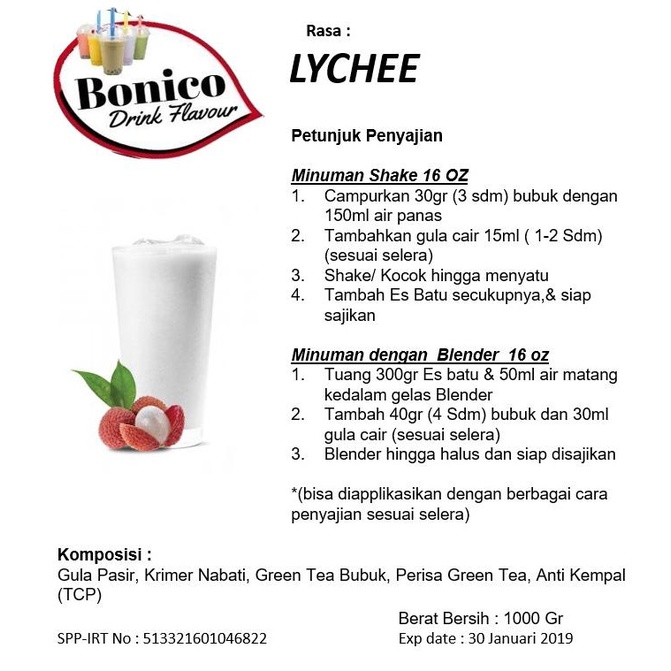 

LYCHEE powder 1kg Bubuk minuman BONICO Milk shake ICE BLEND LECI LECY