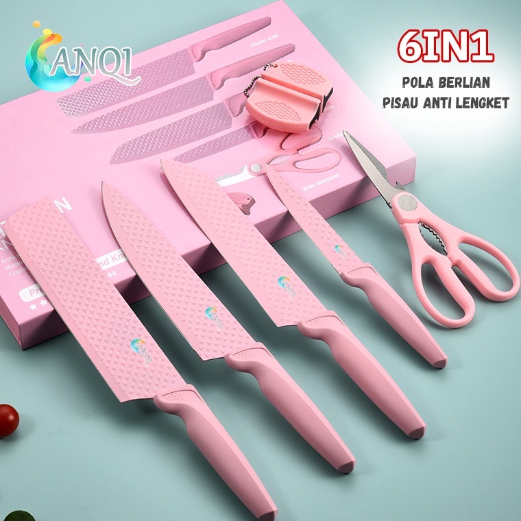 TERBAIK!. ANQI SHOP Pisau Diamond Knives Set 6 in 1 Pisau Dapur + Pengasah Pisau VS-1844