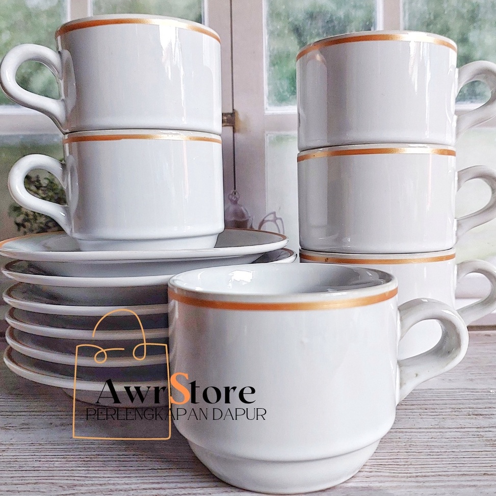 TERMURAH. 1 Set 12 Pcs Cangkir Keramik Mewah Putih Lis Gold Cangkir Set Tamu Cangkir Teh Cangkir Kop