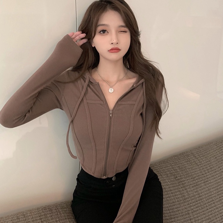 MENARIK. Jaket lengan panjang berkerudung wanita slim fit baru dan outwear korea tipis