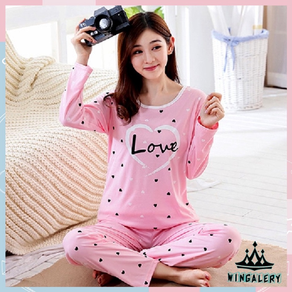 TERPERCAYA. WINGALERY Setelan Piyama Lengan Panjang Baju Tidur Wanita Print Karakter Kartun Pajamas 