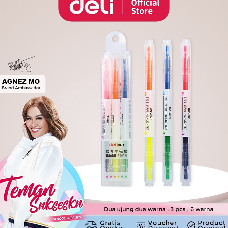 

(♥C6369] Deli highlighter ujung 2 warna 3pcs/pak 6 warna S736