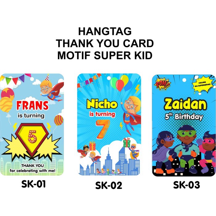 Hangtag Kartu Ucapan Terima Kasih Ulang Tahun Anak Motif Superhero