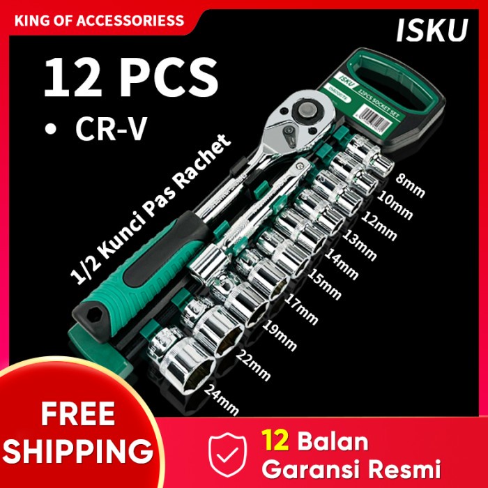 Best Seller Isku Kunci Sok Set Cr-V 12 Pcs Kunci Sok Wrench 1/2" Rachet Kunci Set