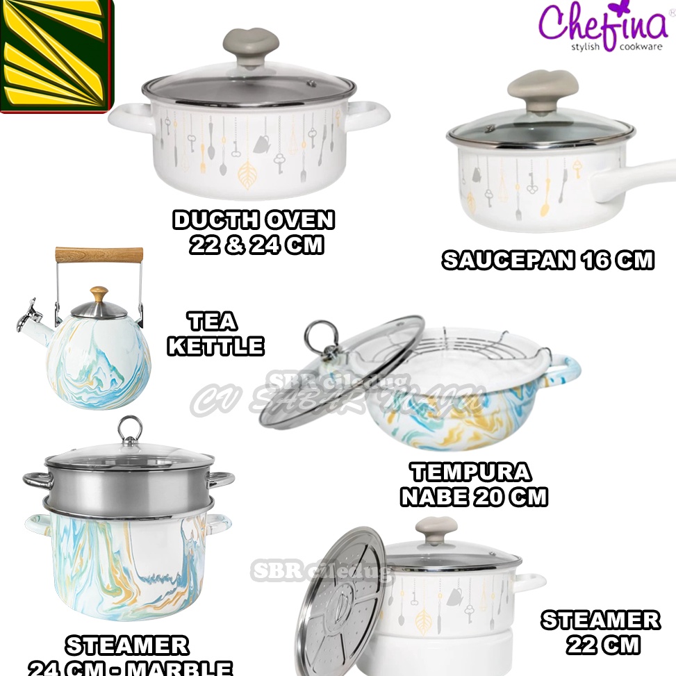 SALE. Panci Enamel Marble CHEFINA - Panci Kuping 18,20&24cm,Tempura 20cm, gagang 16cm dan steamer 22
