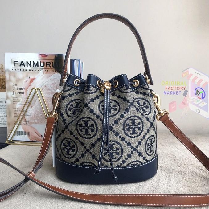Tas TORY BURCH T Monogram Jacquard Bucket Bag Navy ORIGINAL 79487 TB