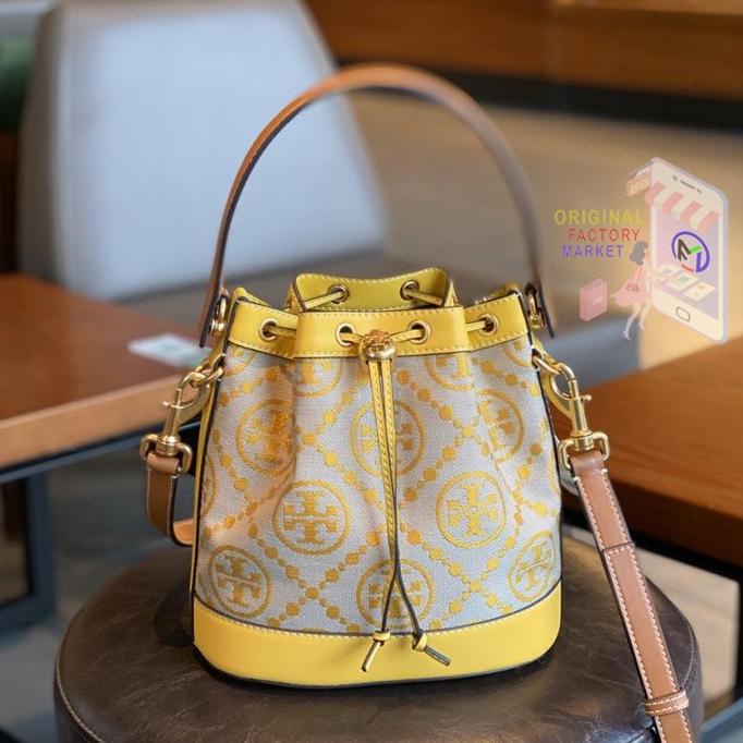 Tas TORY BURCH T Monogram Jacquard Bucket Bag Goldfinch ORIGINAL 79487