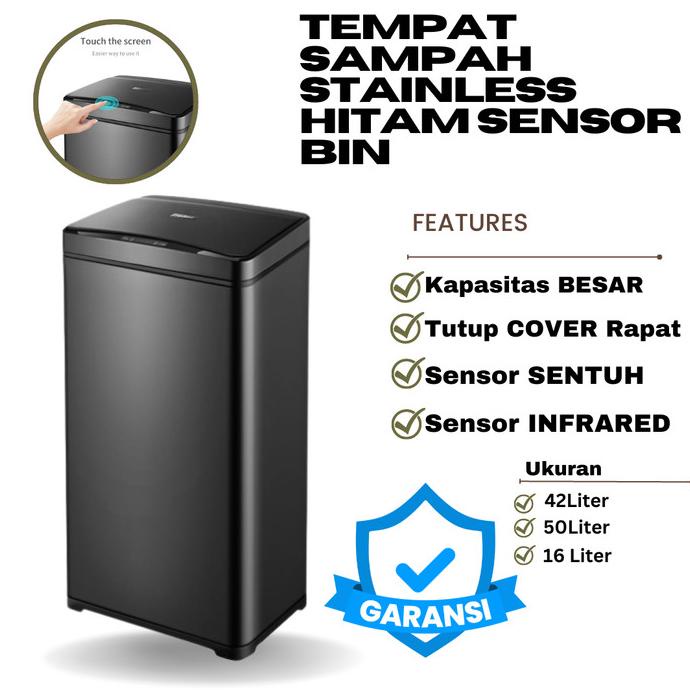 Tempat Sampah Stainless HITAM Sensor Bin Gerak Smart Trash Otomatis - 30 Liter