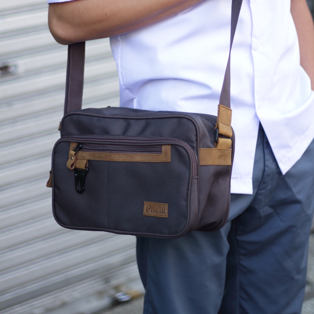 Pusiill - Tas Selempang Pria & Wanita Kombinasi Cordura Fabric+Kulit Sapi Asli