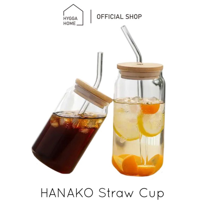 Miliki Hygga Home HANAKO Straw Cup Gelas Minum dengan Sedotan Kaca Tutup Bambu Tumbler Estetik VWM