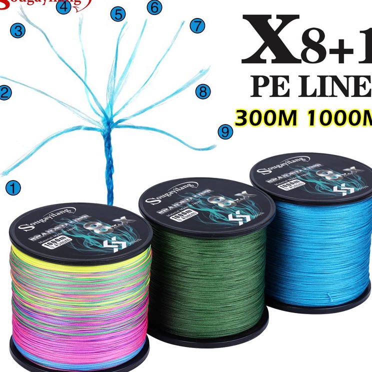 Stock banyak Sougayilang Senar PE X8+1 300M 1000M Senar Pancing X9 Kuat Dan Anti Keriting Braided Be