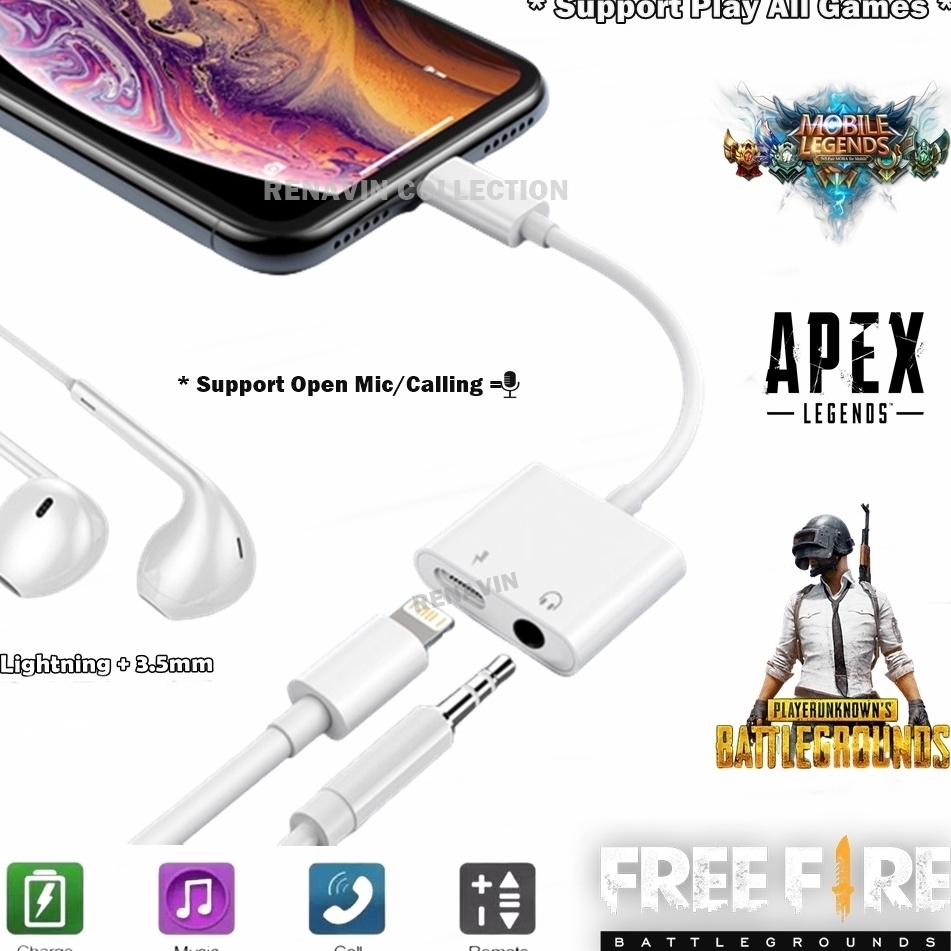 - WH COD (SUPPORT OPEN MIC) ADAPTER LIGHTNING to JACK 3.5MM IPHONE AUDIO JACK DUAL CONNECTOR | SPLIT