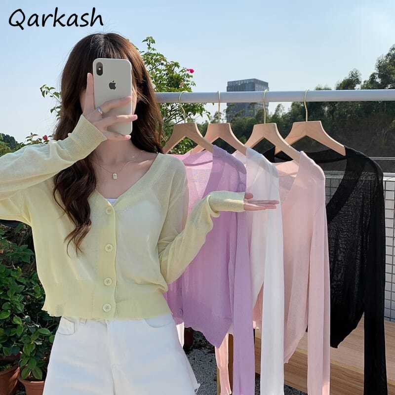 ❤Cardigan Women Thin Summer Casual Solid Feminino Sun-proof Ulzzang All-match Knitted V-neck Sweet S