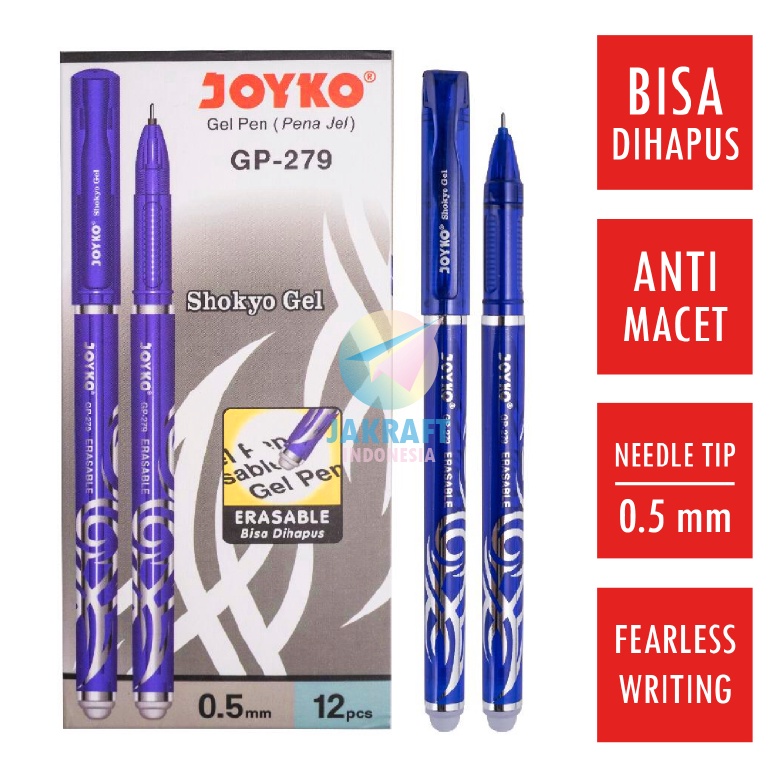

™|Ready(12 Pcs) Pulpen Bolpen Erasable Gel Pen Bisa Dihapus JOYKO GP-279 SHOKYO (Needle Tip) Biru 0.5 mm✧