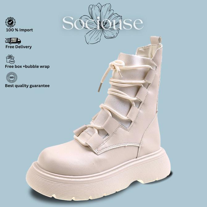 Sepatu Boots Kulit Wanita Korea Import - Women Fashion Platform Boots