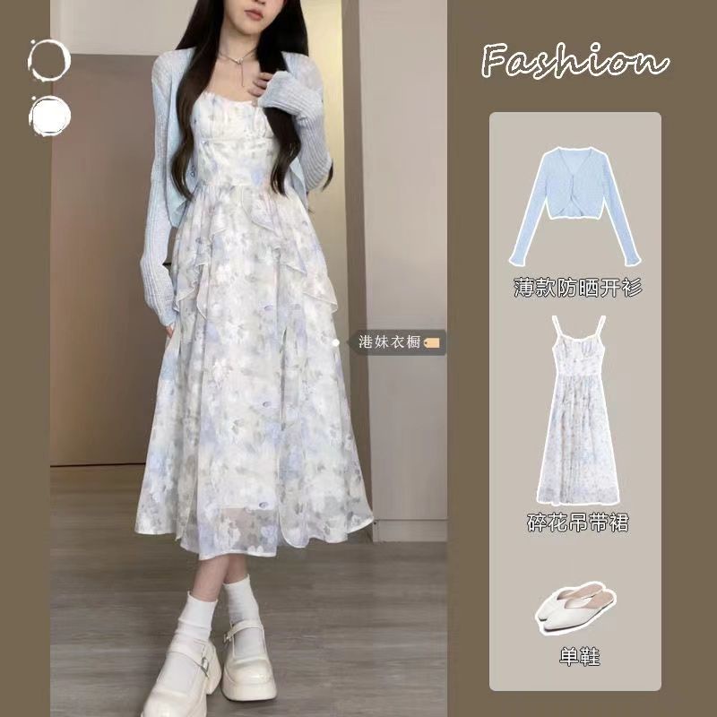 Floral dress Gaun musim panas kasual baru sweet and spicy style ruffle chiffon floral skirt suit wom