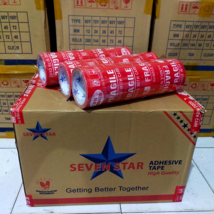 

HARGA DISKON LAKBAN FRAGILE MERAH 2" (48X50YARD) STAR TAPE (KARTONAN) ISI 90 ROLL