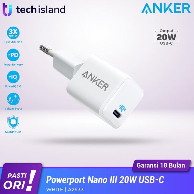 ANKER ADAPTOR POWERPORT III NANO 20W USB-C PD IPHONE FAST CHARGE A2633