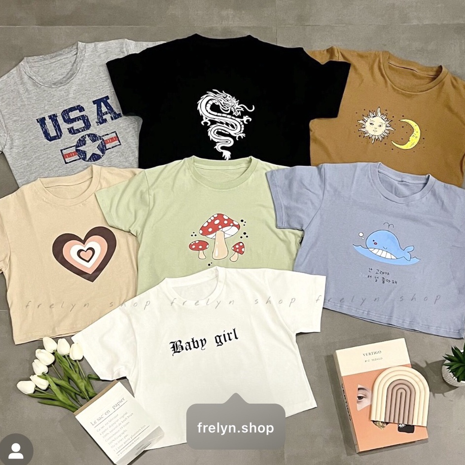 ➫➻❀✺ FRELYN SHOP - CROP TOP MOTIF | BAJU KAOS TUMBLR CROP TEE TSHIRT KAOS KOREA FASHION WANITA SAGE 