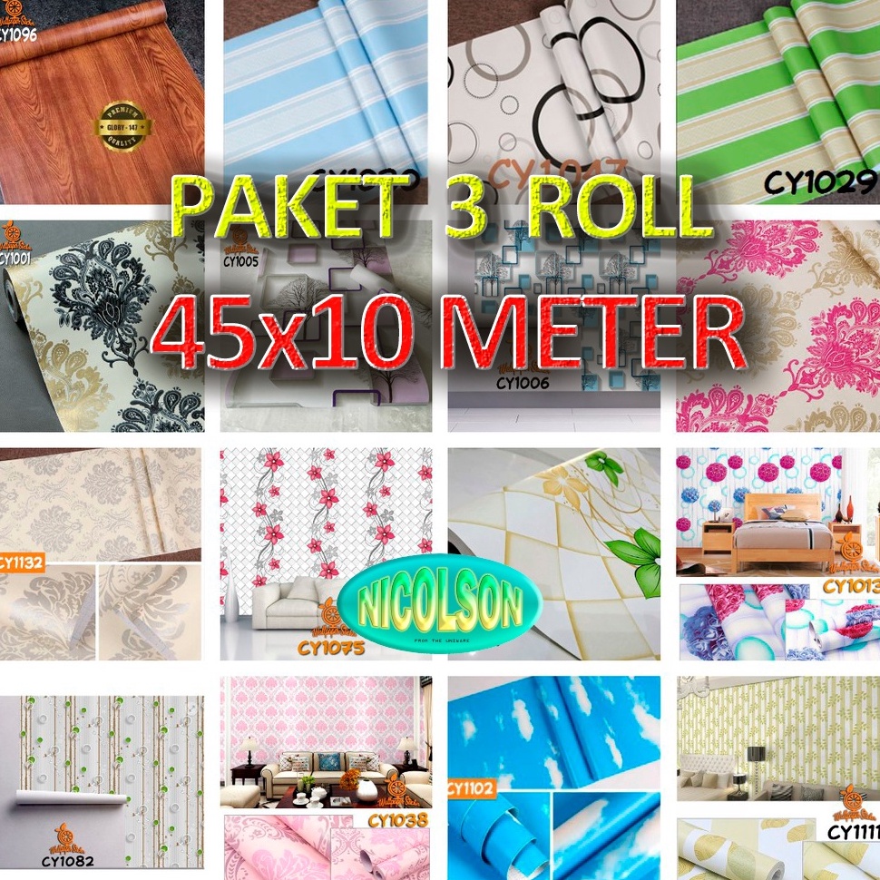 LANGSUNG ORDER. Murah Paket 3 Roll | 10Meter Wallpaper Stiker Dinding Kamar Tidur Anak Ruang Tamu Da