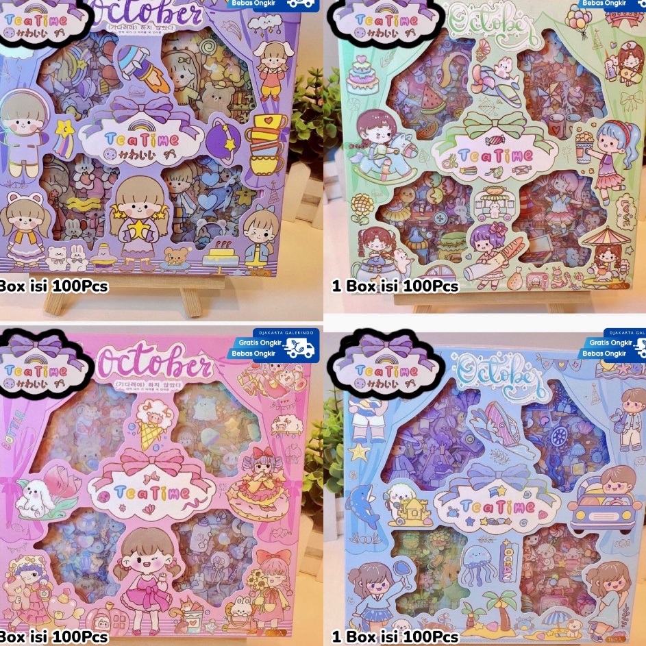 

ZXFH2964 STOK SIAP 【COD Sticker TEA TIME MOMO ANNE MASU ALICE GLITTER Rainbow Mix Warna Original waterproof Stiker Kartun Korea Anti Air Original isi 100pcs