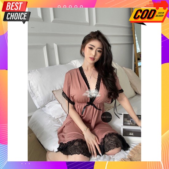 Baju Tidur Wanita Sexy Ladies Set Bahan Lace Tipis Kerah Deepv Neck Tanpa Lengan Baju 4001 Sleepwear