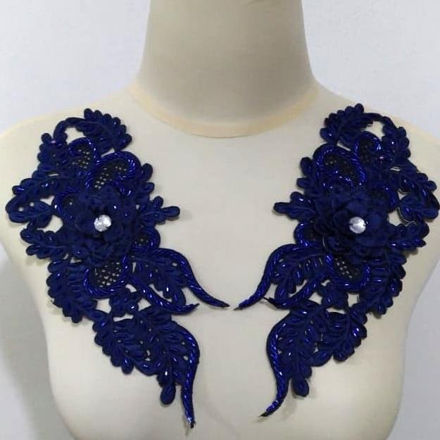 <<<<<] Renda Bordir Kerah Full Payet (Bambu Patah) Sepasang Biru Navy