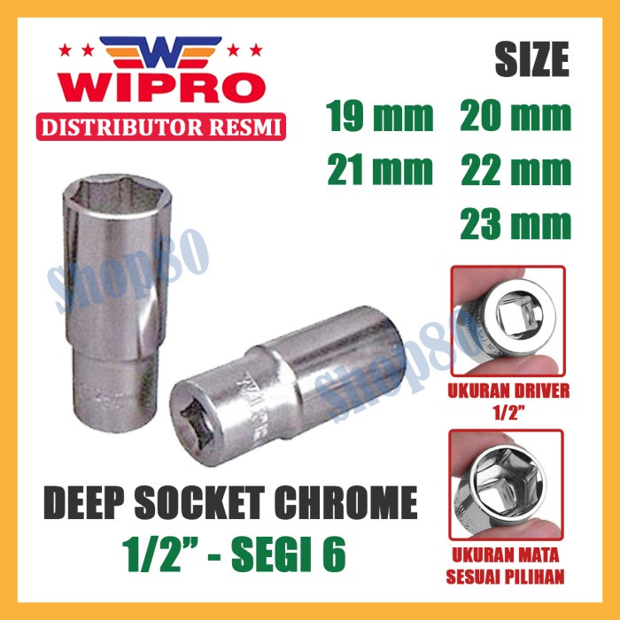 nice Wipro Mata Kunci Shock Panjang Sok Sock 1/2" 6PT 19 20 21 22 23 mm