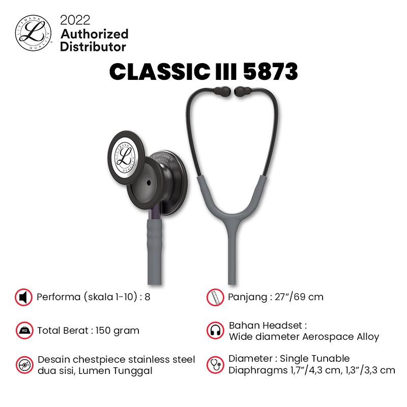 3M Littmann Classic III Stethoscope / Stetoskop Dewasa - GRAY, SMK, V.GRAY STEM - 5873